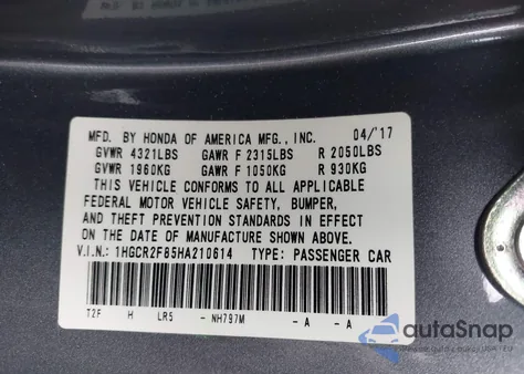 2017 Honda Accord Ex-L из США, поврежденный, VIN 1HGCR2F85HA210614